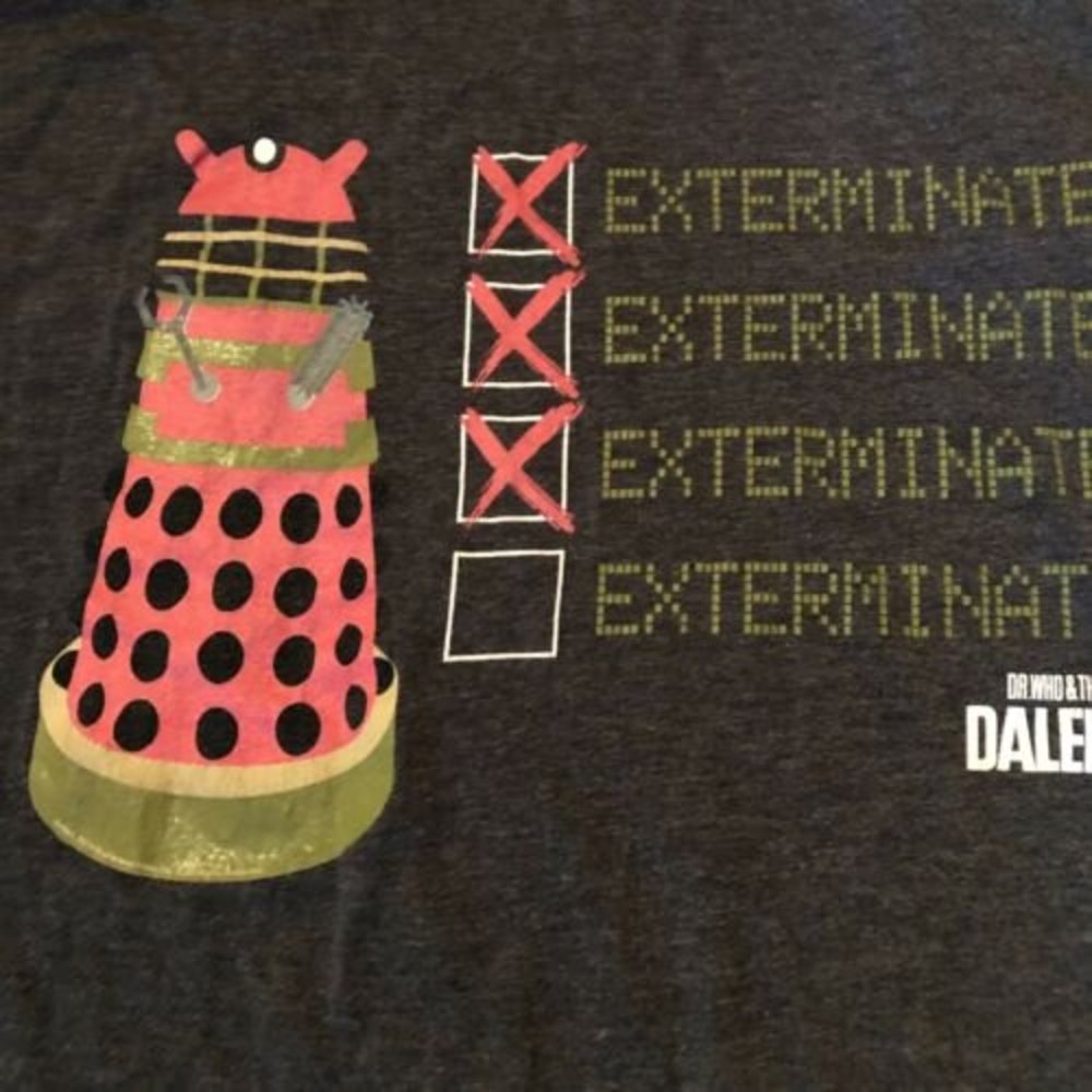 Dr. Who and The Daleks Tshirt Size Large Slim Fit Unisex Gray We Love Fine
